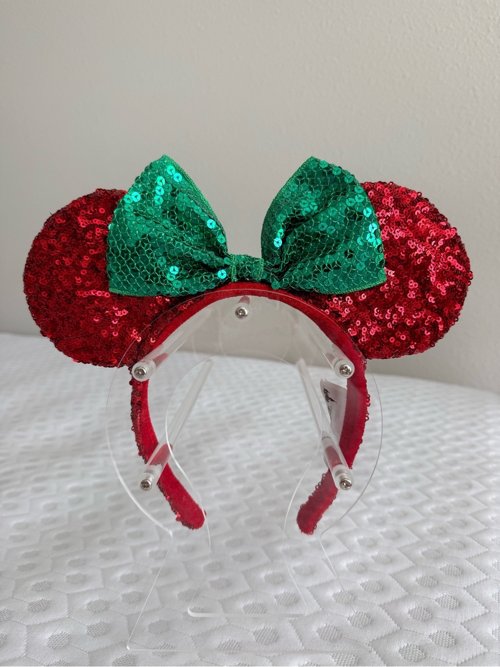 Disney Red Sequin Minnie Ears Headband with Green Sequin Bow
